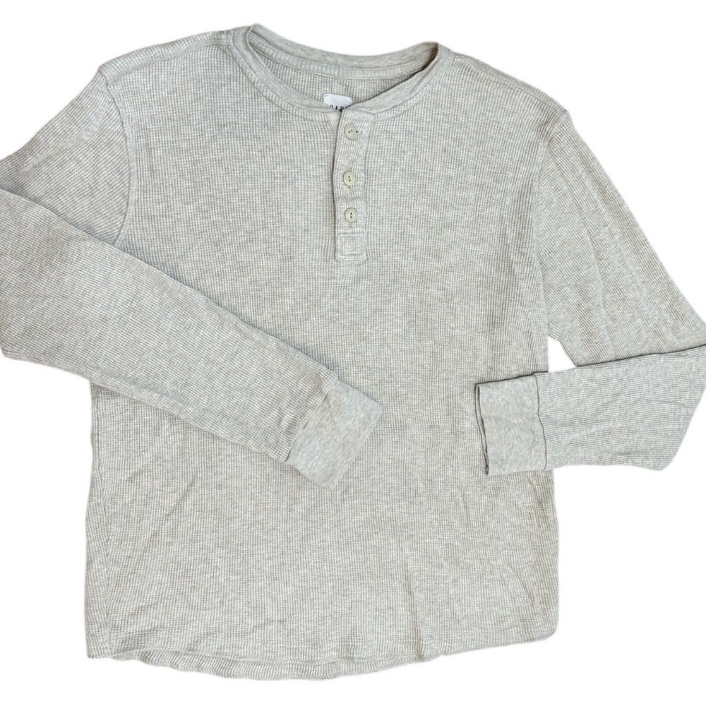 GAP Boys Thermal-Knit Long Sleeve Henley Waffle Oatmeal Cream Pullover Size Med